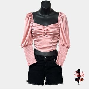 H&M Divided NEW Satin Puff Shoulder 3/4 Sleeves Corset Crop Top Pink Balletcore